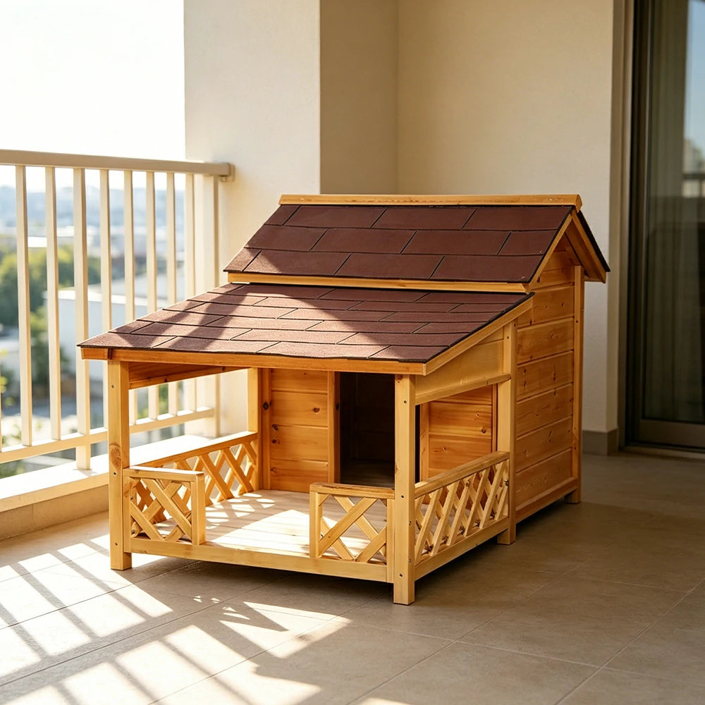 PAWORA Outdoor Wooden Dog House Carbonized Wood Double Asphalt Roof for Small Medium Pets Garden Patio - Wood