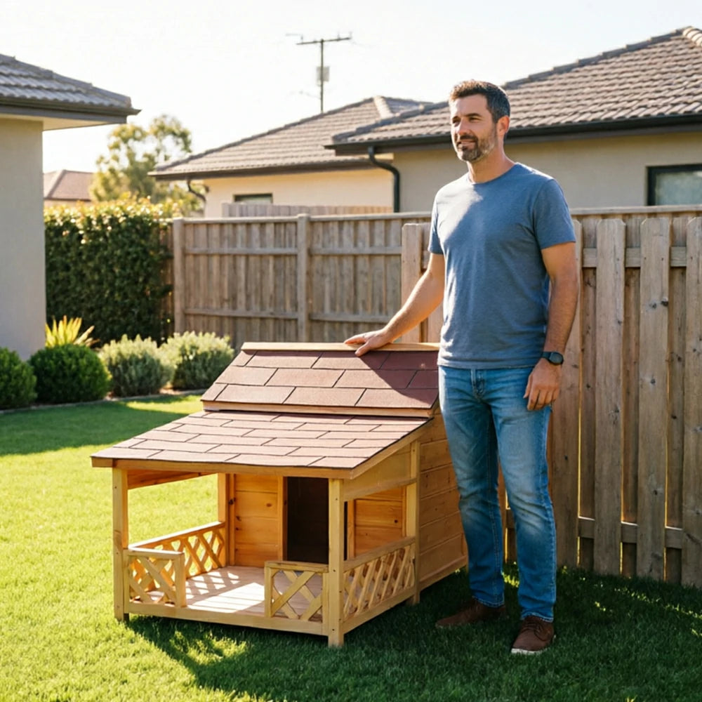 PAWORA Outdoor Wooden Dog House Carbonized Wood Double Asphalt Roof for Small Medium Pets Garden Patio - Wood