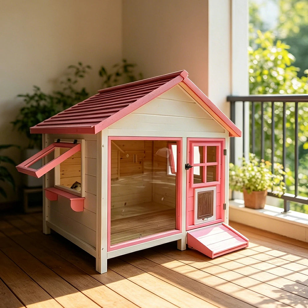 PAWORA Outdoor Pet House Clear Viewing Panel Side Windows for Cats Small Dogs Garden Balcony