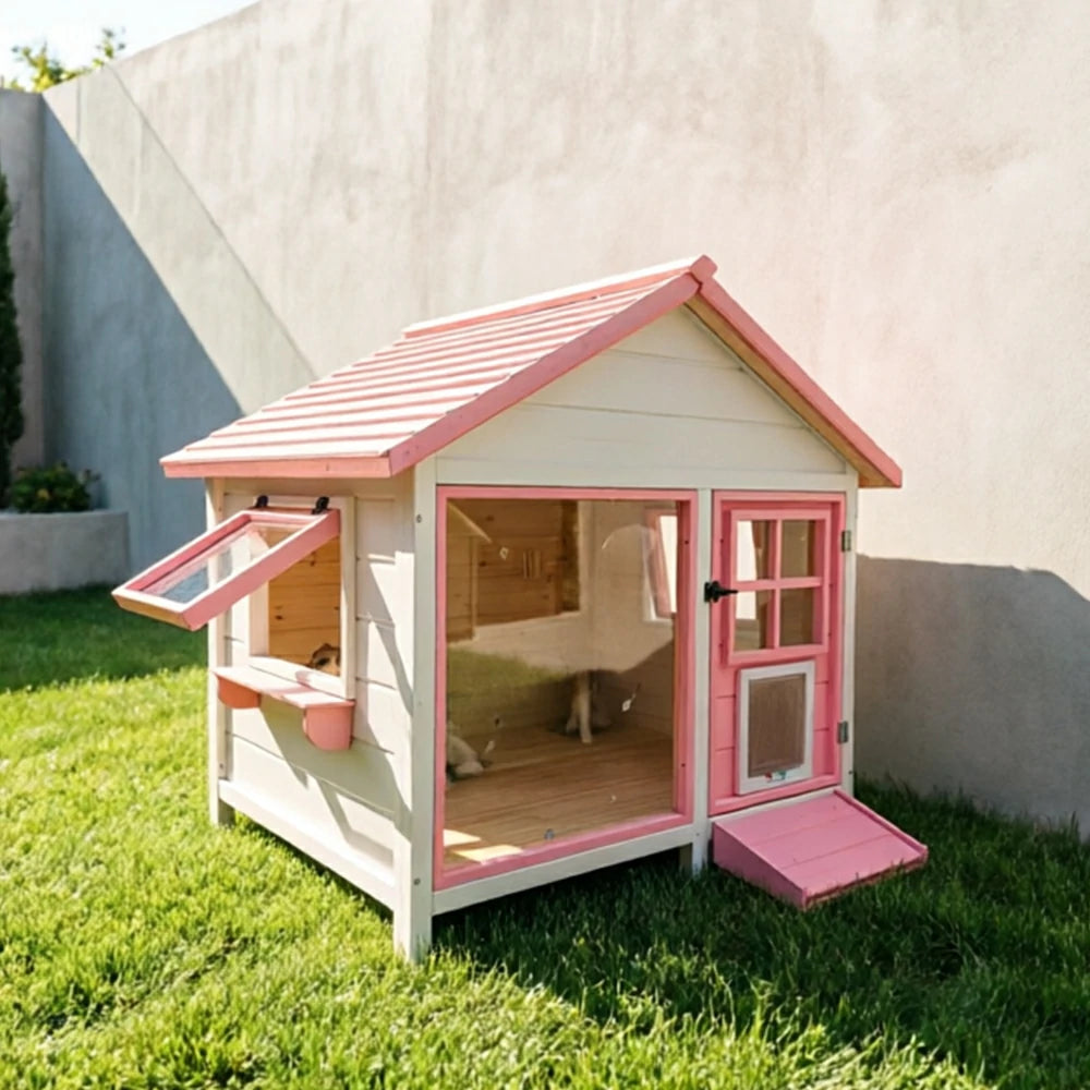 PAWORA Outdoor Pet House Clear Viewing Panel Side Windows for Cats Small Dogs Garden Balcony