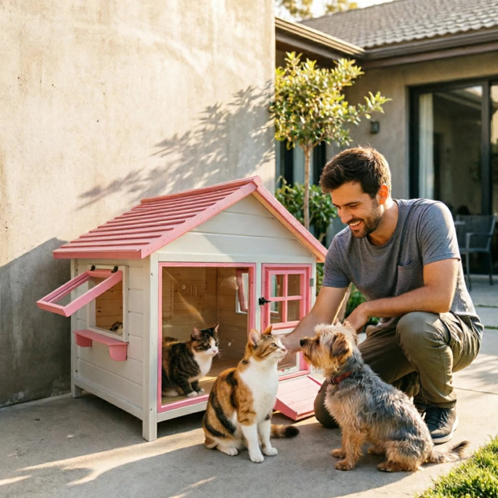 PAWORA Outdoor Pet House Clear Viewing Panel Side Windows for Cats Small Dogs Garden Balcony