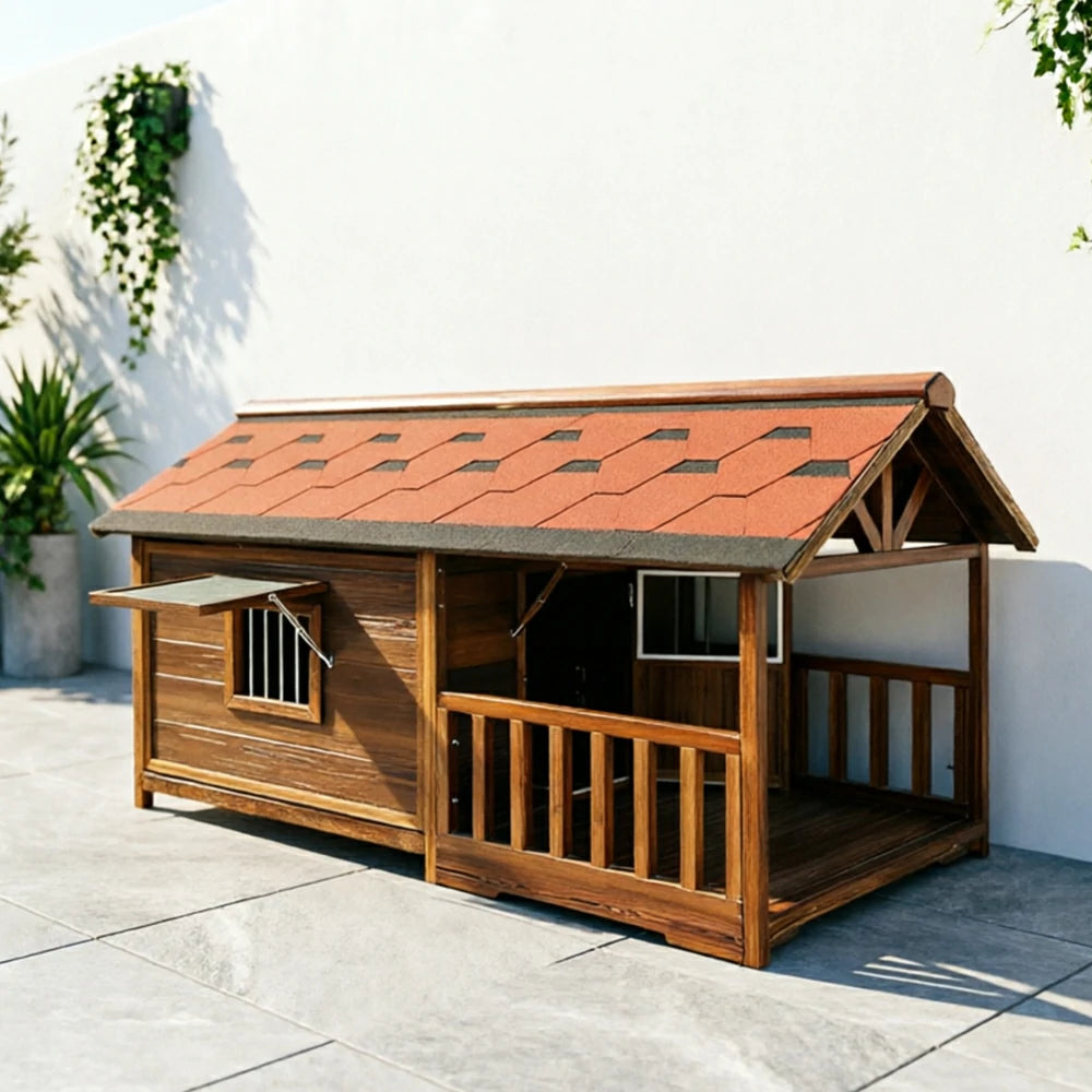PAWORA Solid Wood Pet Villa Carbonized Douglas Fir Double Asphalt Roof L/2XL/4XL for Dogs Garden Patio