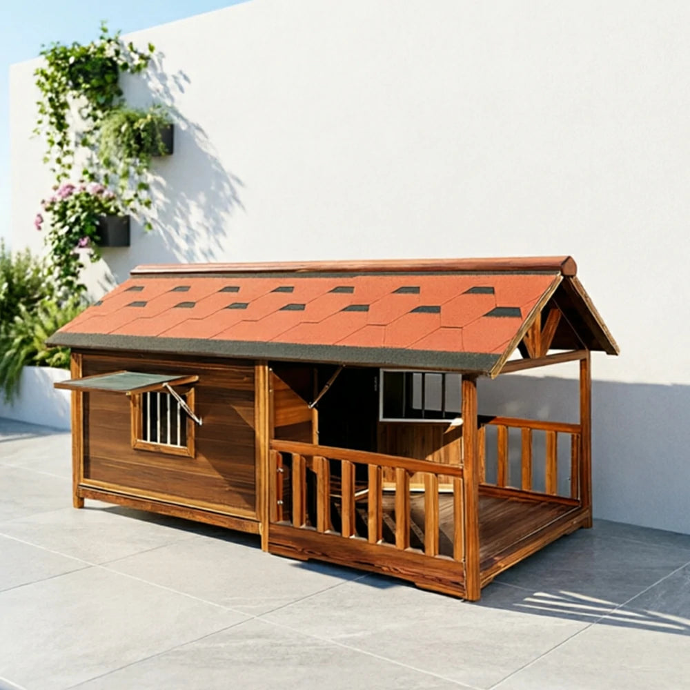 PAWORA Solid Wood Pet Villa Carbonized Douglas Fir Double Asphalt Roof L/2XL/4XL for Dogs Garden Patio