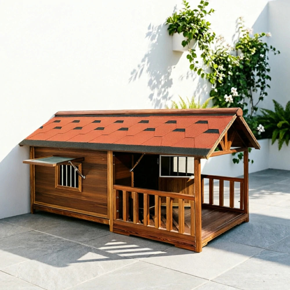 PAWORA Solid Wood Pet Villa Carbonized Douglas Fir Double Asphalt Roof L/2XL/4XL for Dogs Garden Patio