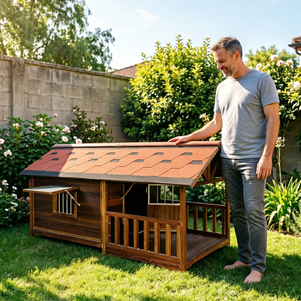 PAWORA Solid Wood Pet Villa Carbonized Douglas Fir Double Asphalt Roof L/2XL/4XL for Dogs Garden Patio