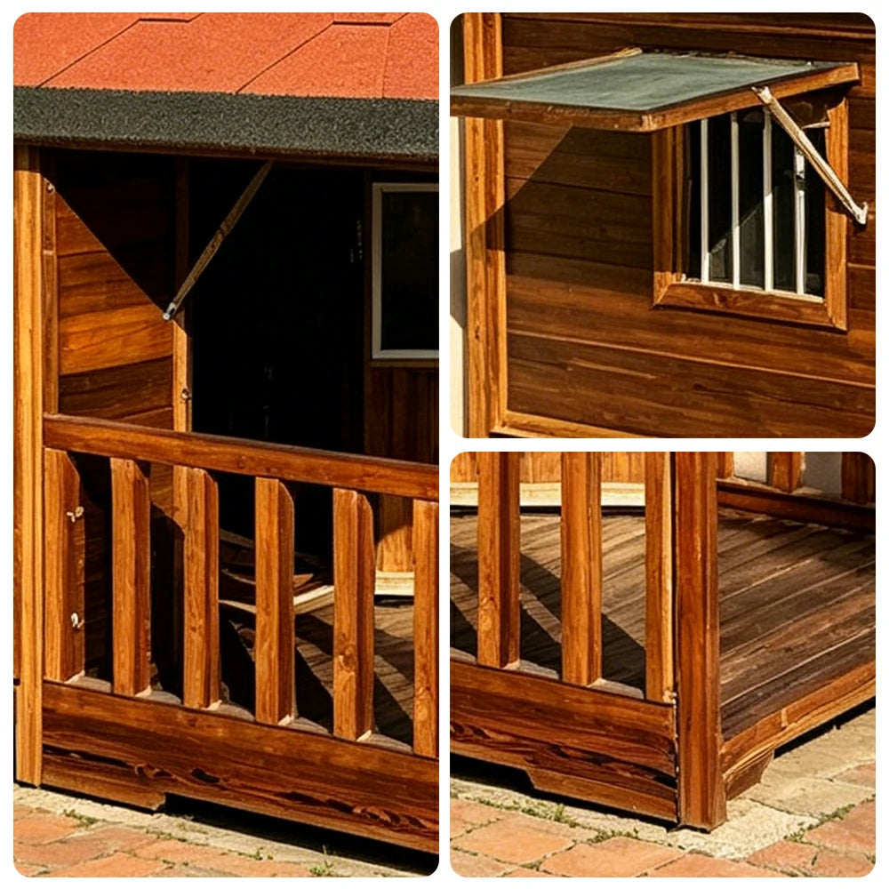 PAWORA Solid Wood Pet Villa Carbonized Douglas Fir Double Asphalt Roof L/2XL/4XL for Dogs Garden Patio