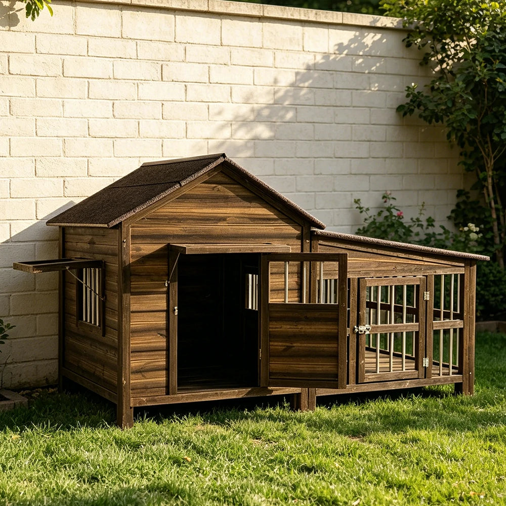 PAWORA Luxury Solid Wood Dog House Carbonized Wood Asphalt Roof 160/230cm for Garden Patio