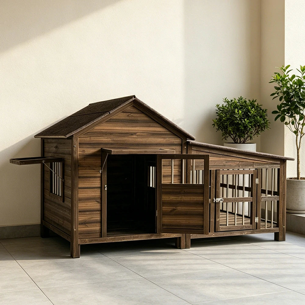 PAWORA Luxury Solid Wood Dog House Carbonized Wood Asphalt Roof 160/230cm for Garden Patio