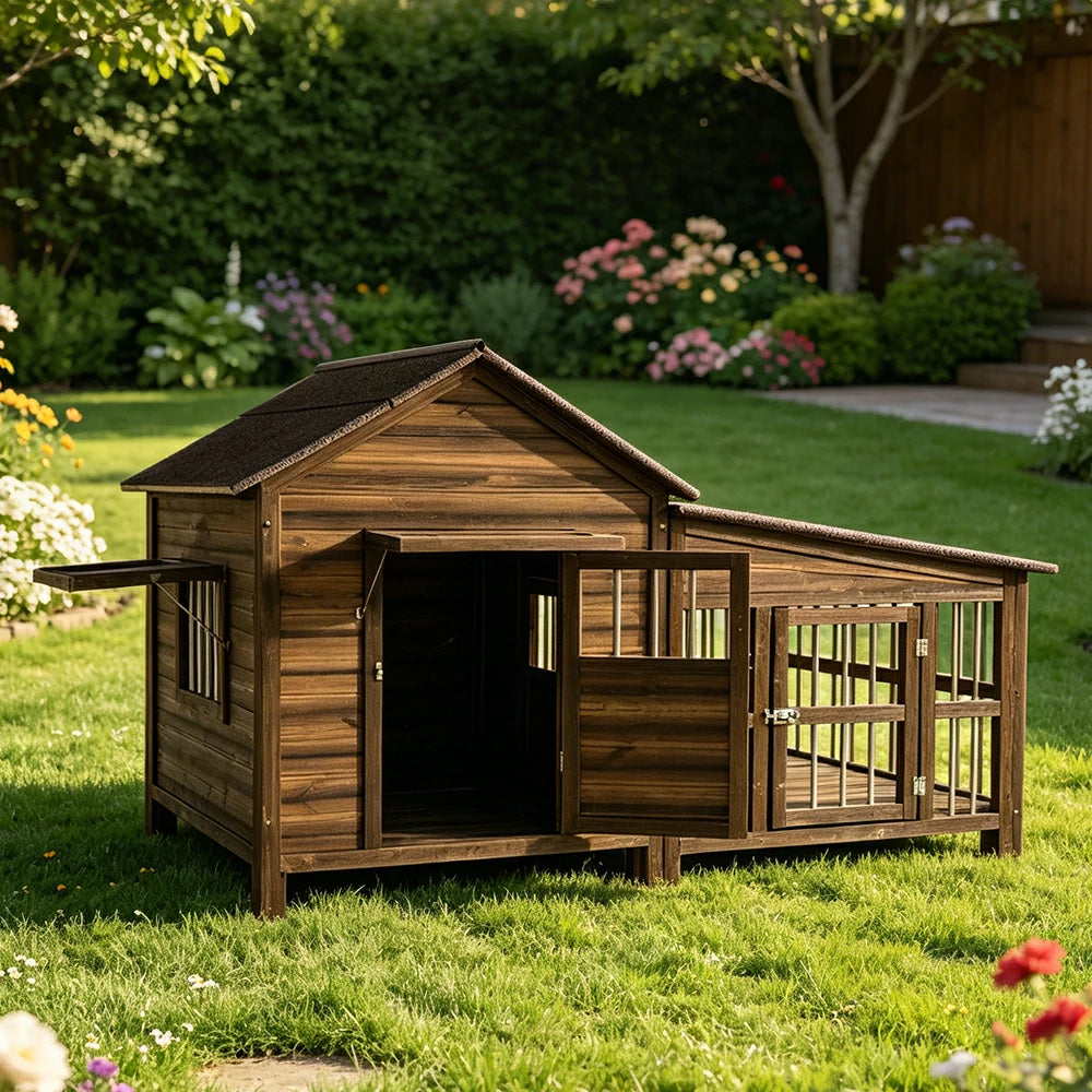 PAWORA Luxury Solid Wood Dog House Carbonized Wood Asphalt Roof 160/230cm for Garden Patio