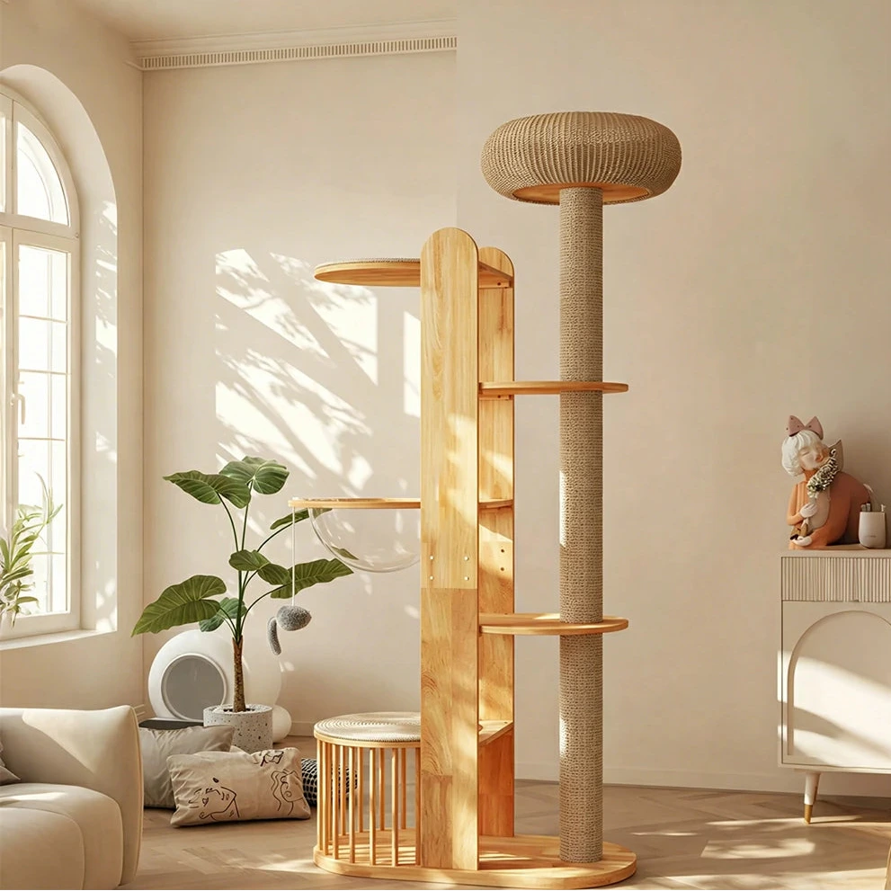 PAWORA Indoor Cat Tree - Solid Wood Multi-Level Scratching Tower with Capsule Cat House - Natural Wood