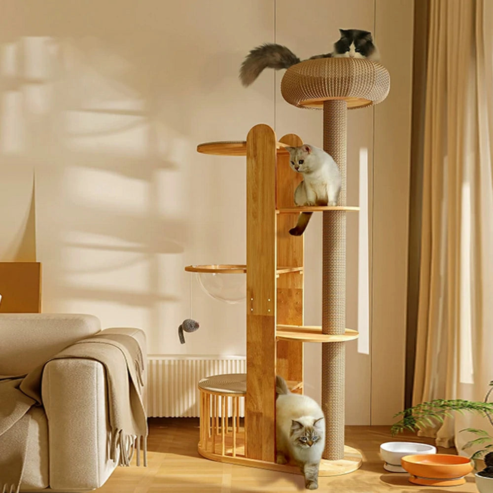 PAWORA Indoor Cat Tree - Solid Wood Multi-Level Scratching Tower with Capsule Cat House - Natural Wood