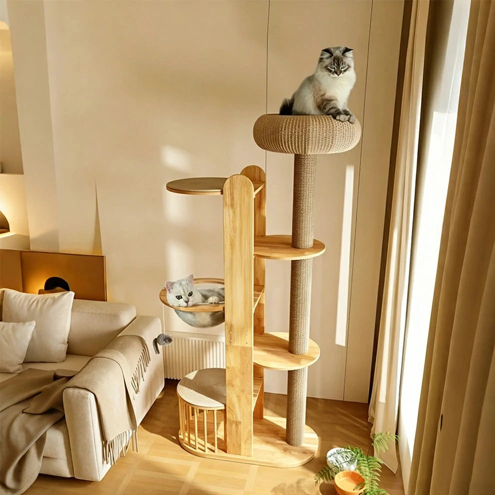 PAWORA Indoor Cat Tree - Solid Wood Multi-Level Scratching Tower with Capsule Cat House - Natural Wood