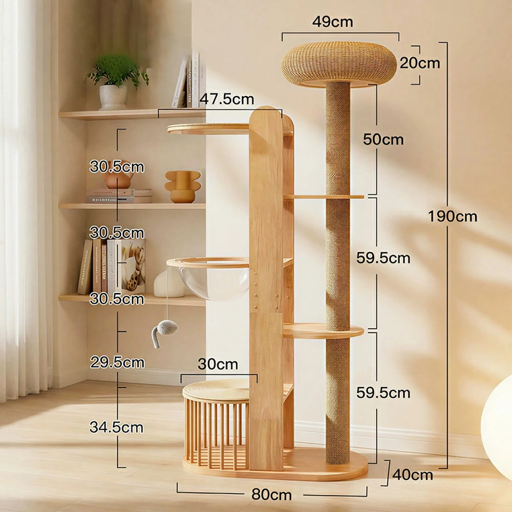PAWORA Indoor Cat Tree - Solid Wood Multi-Level Scratching Tower with Capsule Cat House - Natural Wood