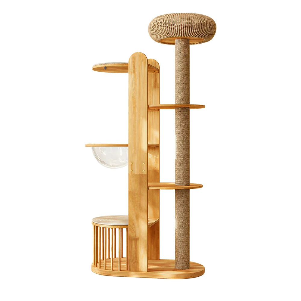 PAWORA Indoor Cat Tree - Solid Wood Multi-Level Scratching Tower with Capsule Cat House - Natural Wood