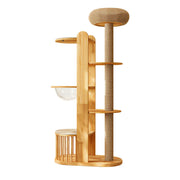 PAWORA Indoor Cat Tree - Solid Wood Multi-Level Scratching Tower with Capsule Cat House - Natural Wood