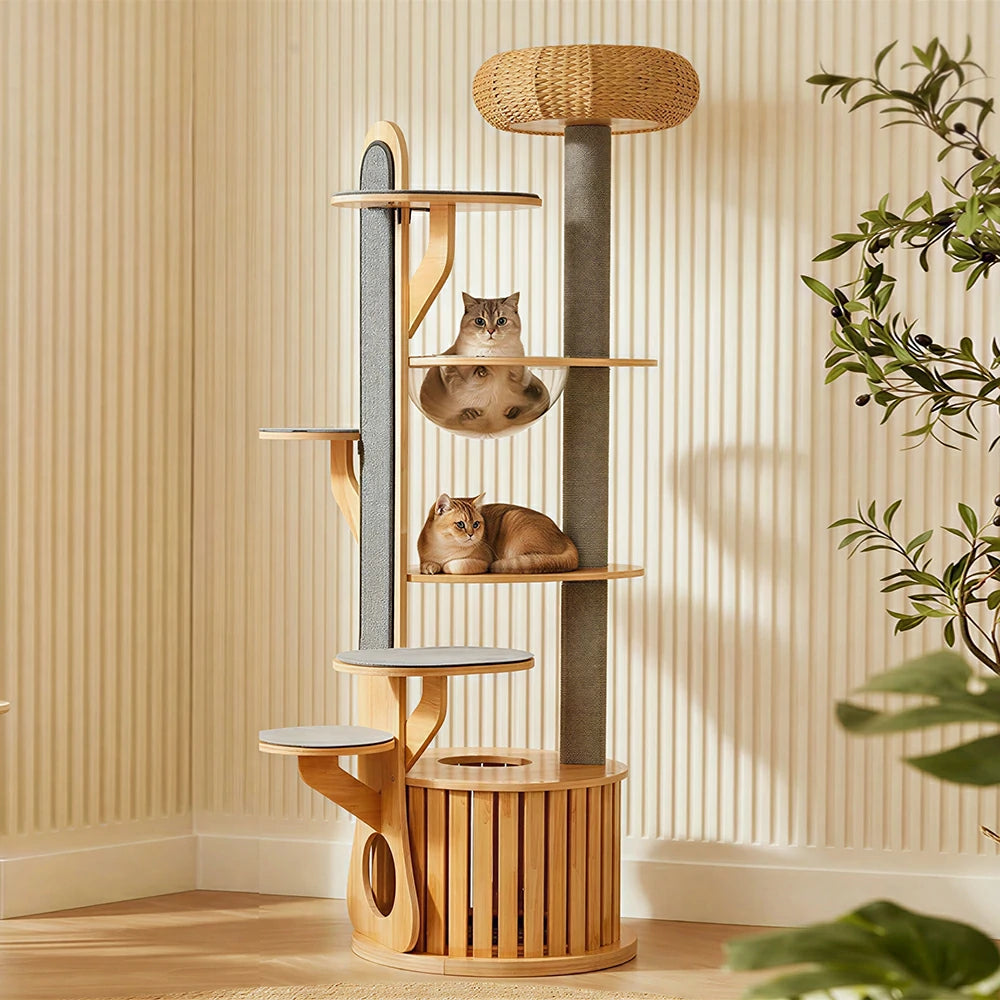 PAWORA Desert Oasis Cat Tree - Solid Wood Multi-Level Tower with Capsule & Grey Paper Rope Posts - Natural Wood
