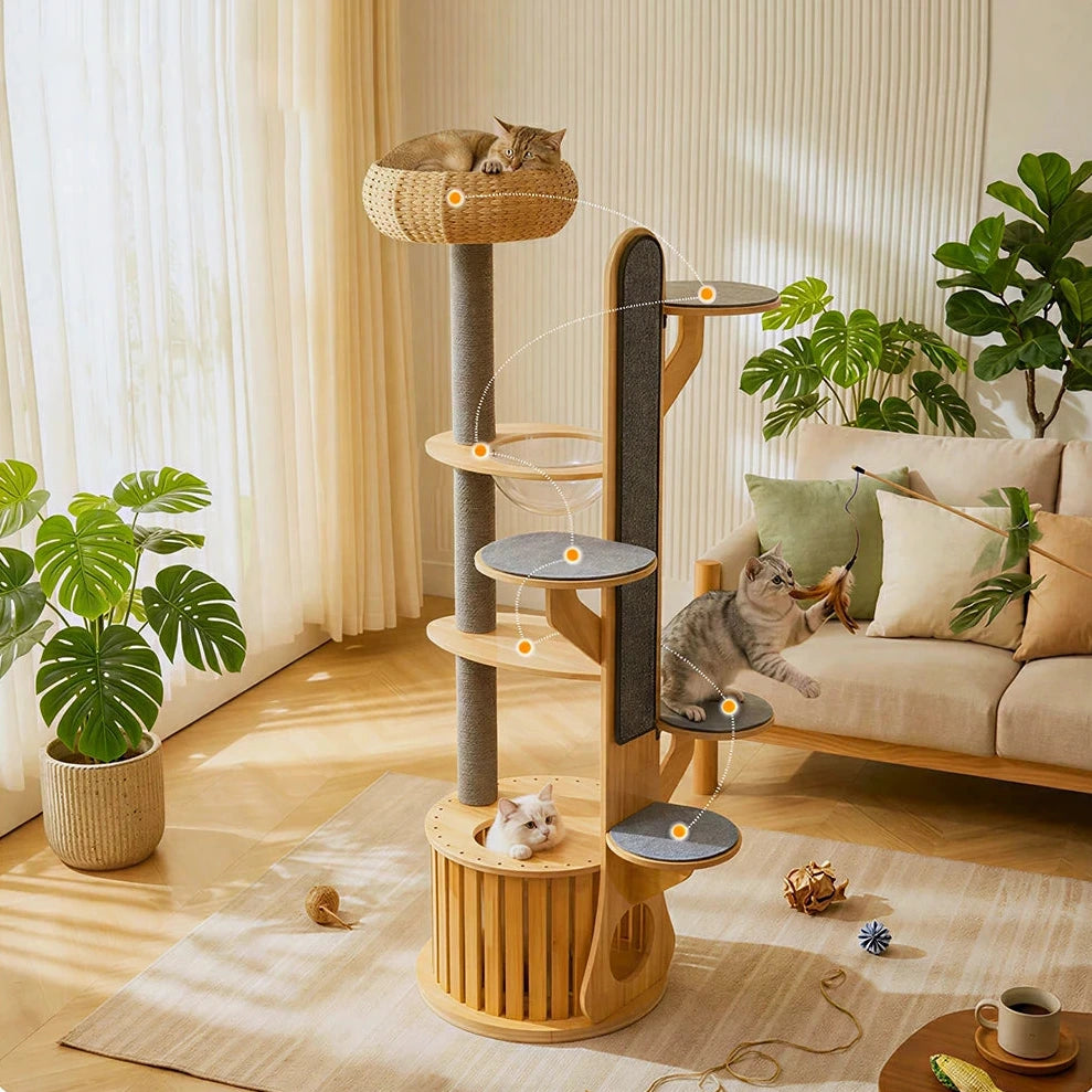 PAWORA Desert Oasis Cat Tree - Solid Wood Multi-Level Tower with Capsule & Grey Paper Rope Posts - Natural Wood