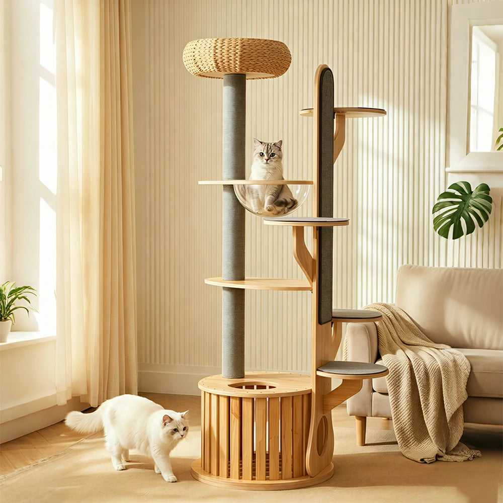 PAWORA Desert Oasis Cat Tree - Solid Wood Multi-Level Tower with Capsule & Grey Paper Rope Posts - Natural Wood