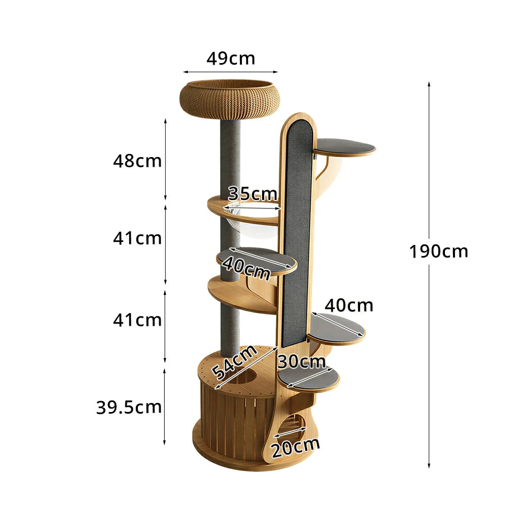 PAWORA Desert Oasis Cat Tree - Solid Wood Multi-Level Tower with Capsule & Grey Paper Rope Posts - Natural Wood