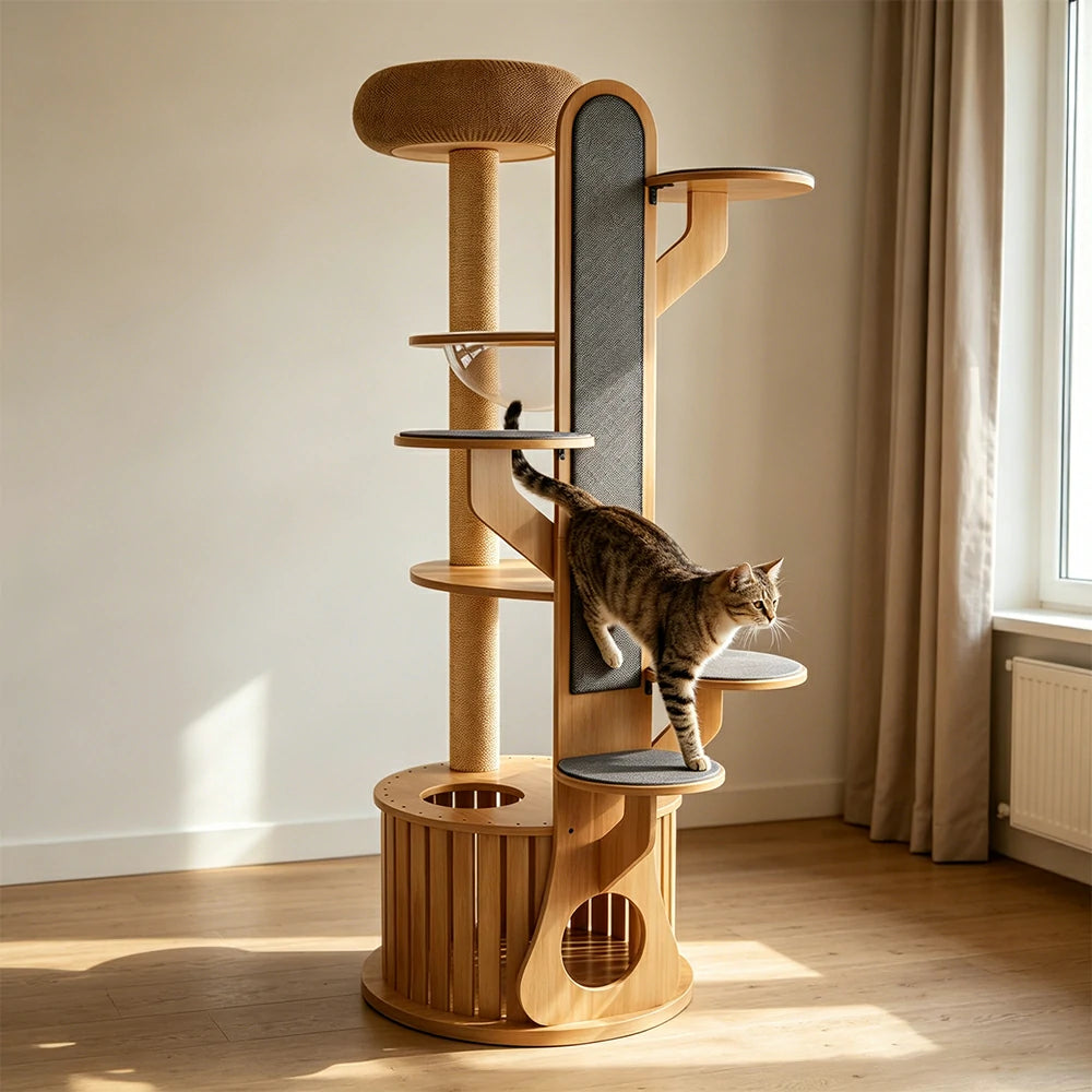 PAWORA Desert Oasis Cat Tree - Solid Wood Multi-Level Tower with Capsule & Yellow Sisal Posts - Natural Wood