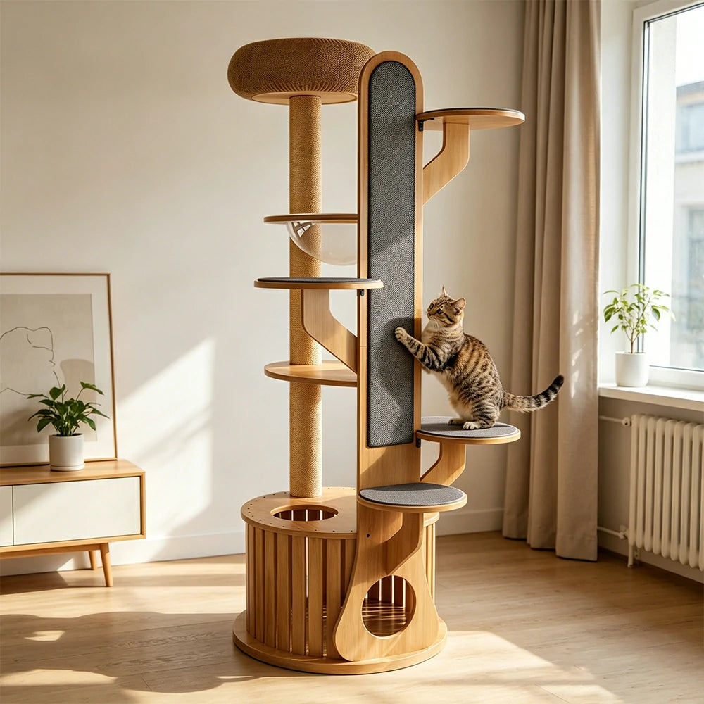 PAWORA Desert Oasis Cat Tree - Solid Wood Multi-Level Tower with Capsule & Yellow Sisal Posts - Natural Wood