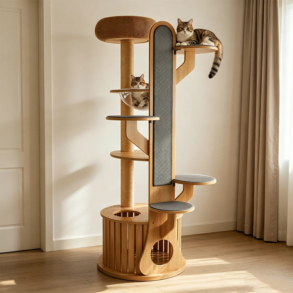 PAWORA Desert Oasis Cat Tree - Solid Wood Multi-Level Tower with Capsule & Yellow Sisal Posts - Natural Wood