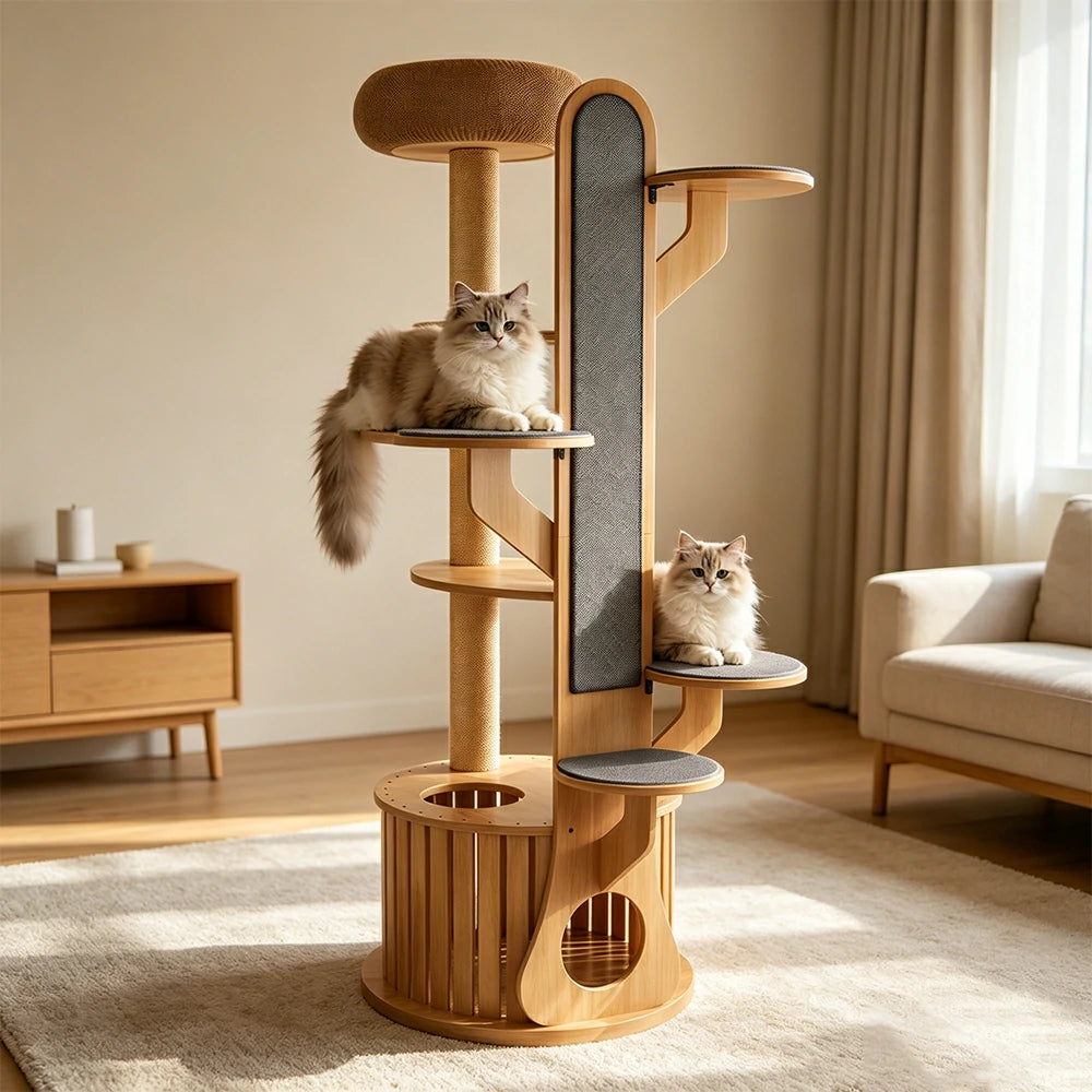 PAWORA Desert Oasis Cat Tree - Solid Wood Multi-Level Tower with Capsule & Yellow Sisal Posts - Natural Wood