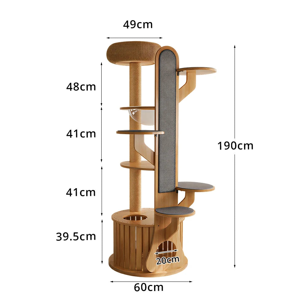 PAWORA Desert Oasis Cat Tree - Solid Wood Multi-Level Tower with Capsule & Yellow Sisal Posts - Natural Wood