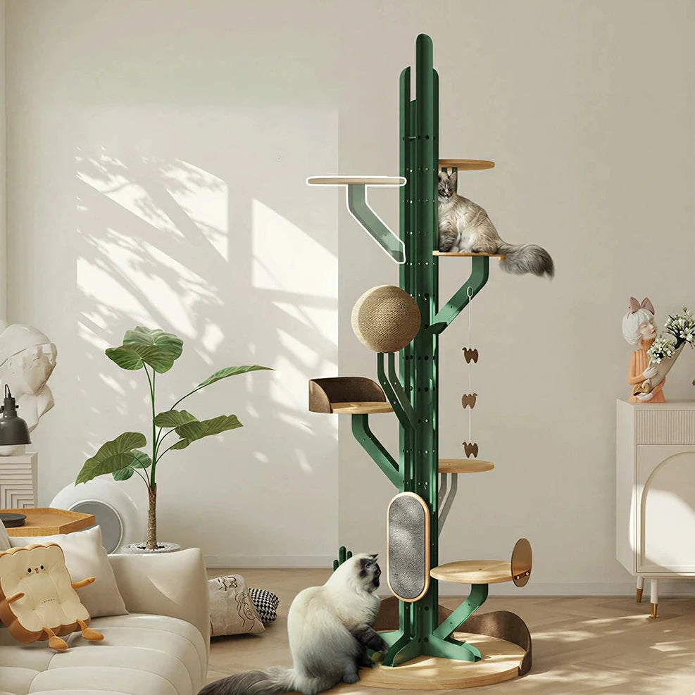 PAWORA Cactus Cat Tree - 201cm Solid Wood Multi-Level Tower with Scratching Posts for Indoor Cats - Green
