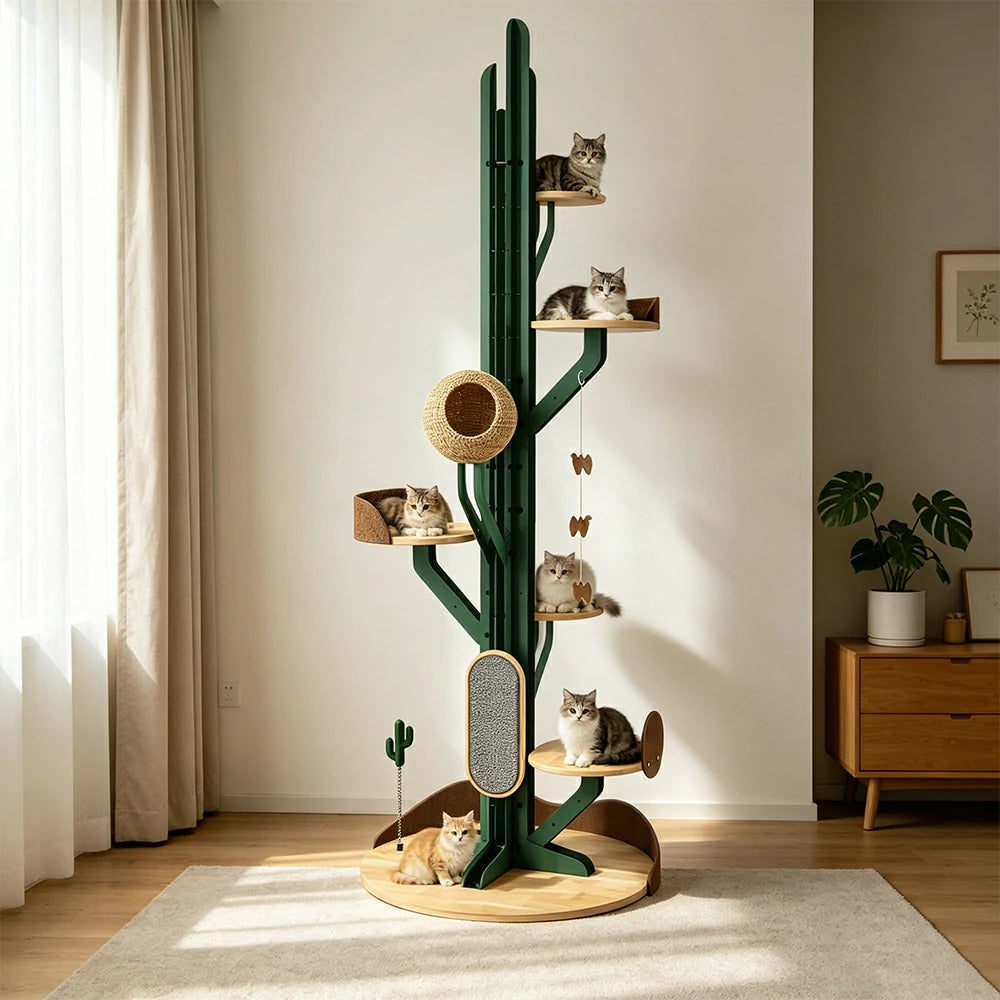 PAWORA Cactus Cat Tree - 201cm Solid Wood Multi-Level Tower with Scratching Posts for Indoor Cats - Green