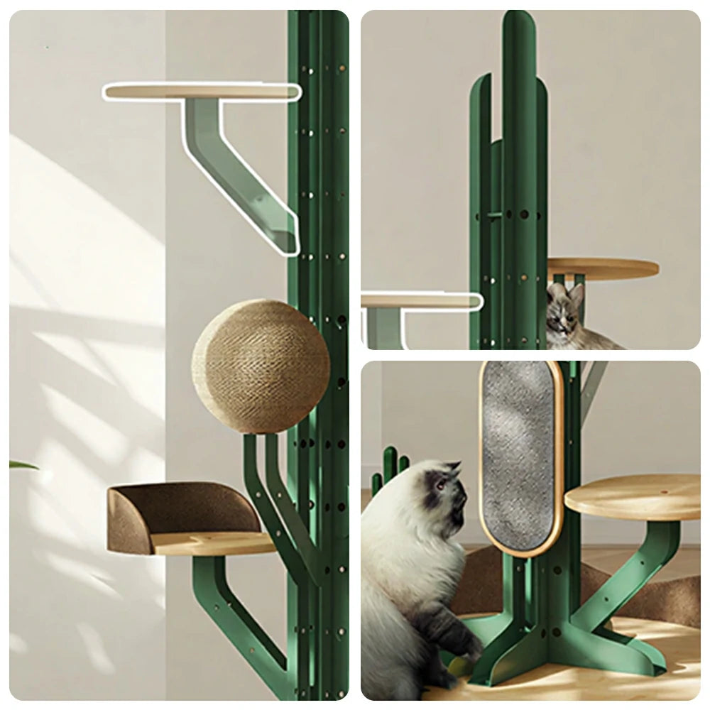 PAWORA Cactus Cat Tree - 201cm Solid Wood Multi-Level Tower with Scratching Posts for Indoor Cats - Green