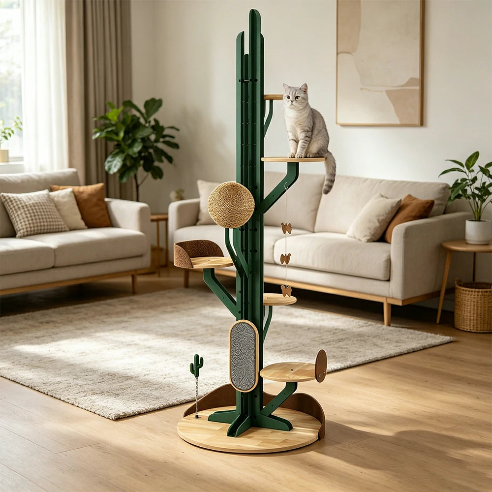 PAWORA Cactus Cat Tree - 201cm Solid Wood Multi-Level Tower with Scratching Posts for Indoor Cats - Green