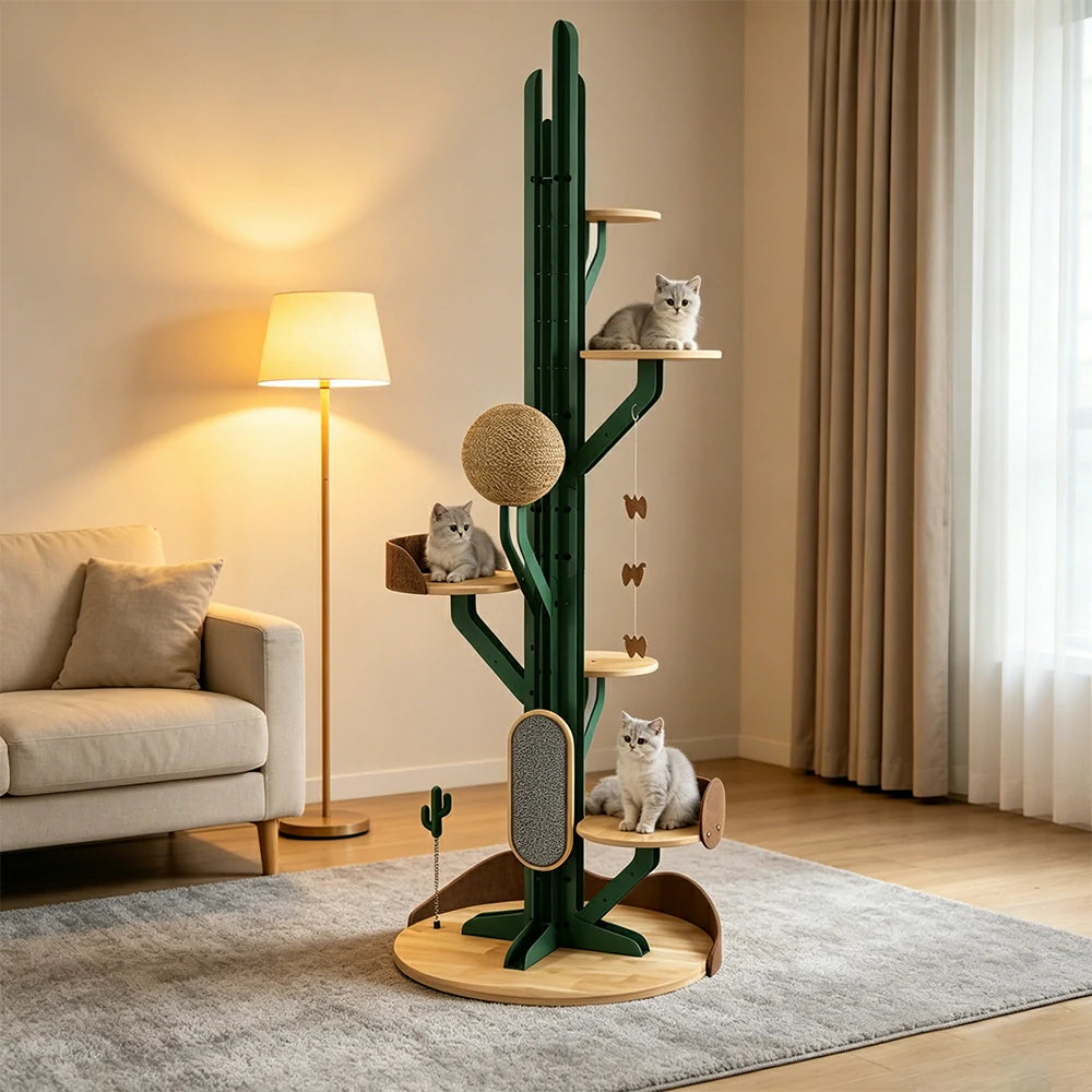 PAWORA Cactus Cat Tree - 201cm Solid Wood Multi-Level Tower with Scratching Posts for Indoor Cats - Green