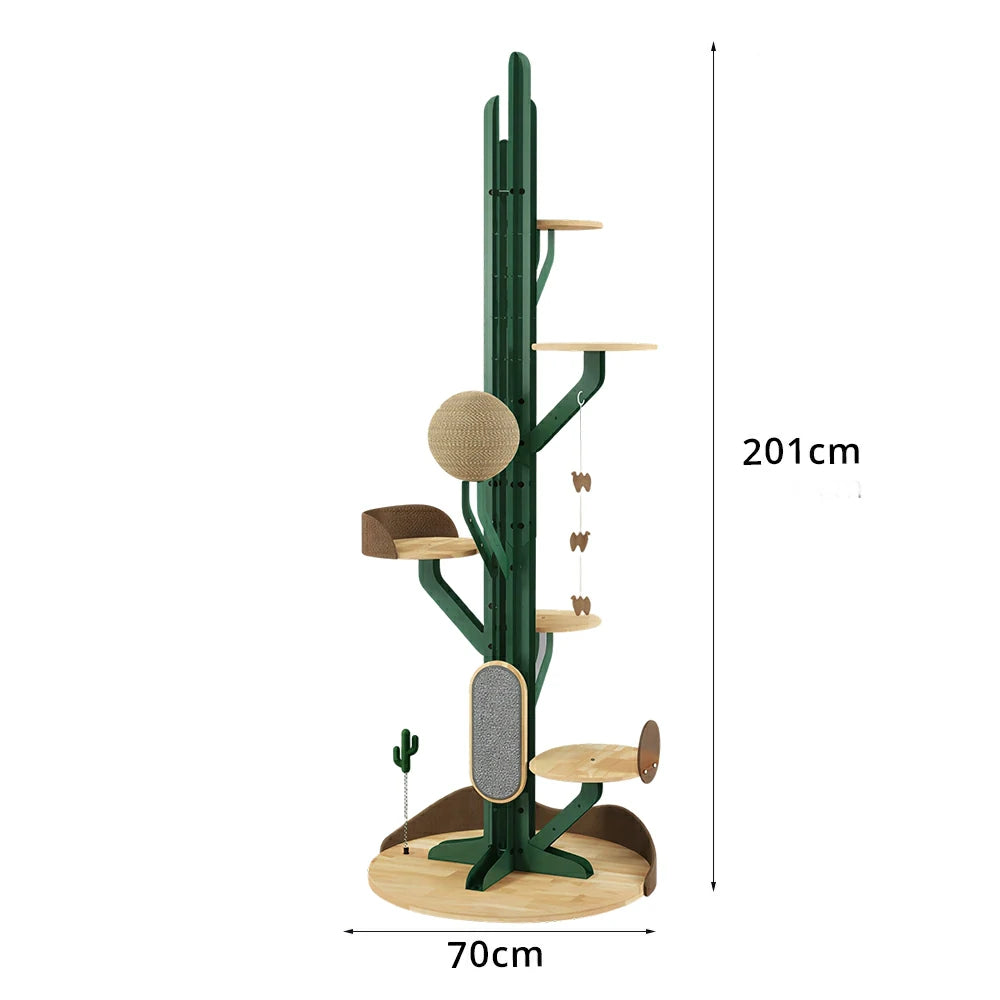 PAWORA Cactus Cat Tree - 201cm Solid Wood Multi-Level Tower with Scratching Posts for Indoor Cats - Green