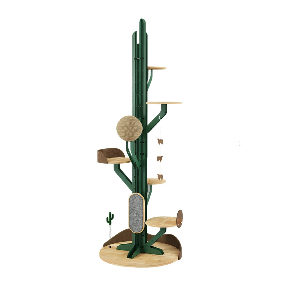 PAWORA Cactus Cat Tree - 201cm Solid Wood Multi-Level Tower with Scratching Posts for Indoor Cats - Green