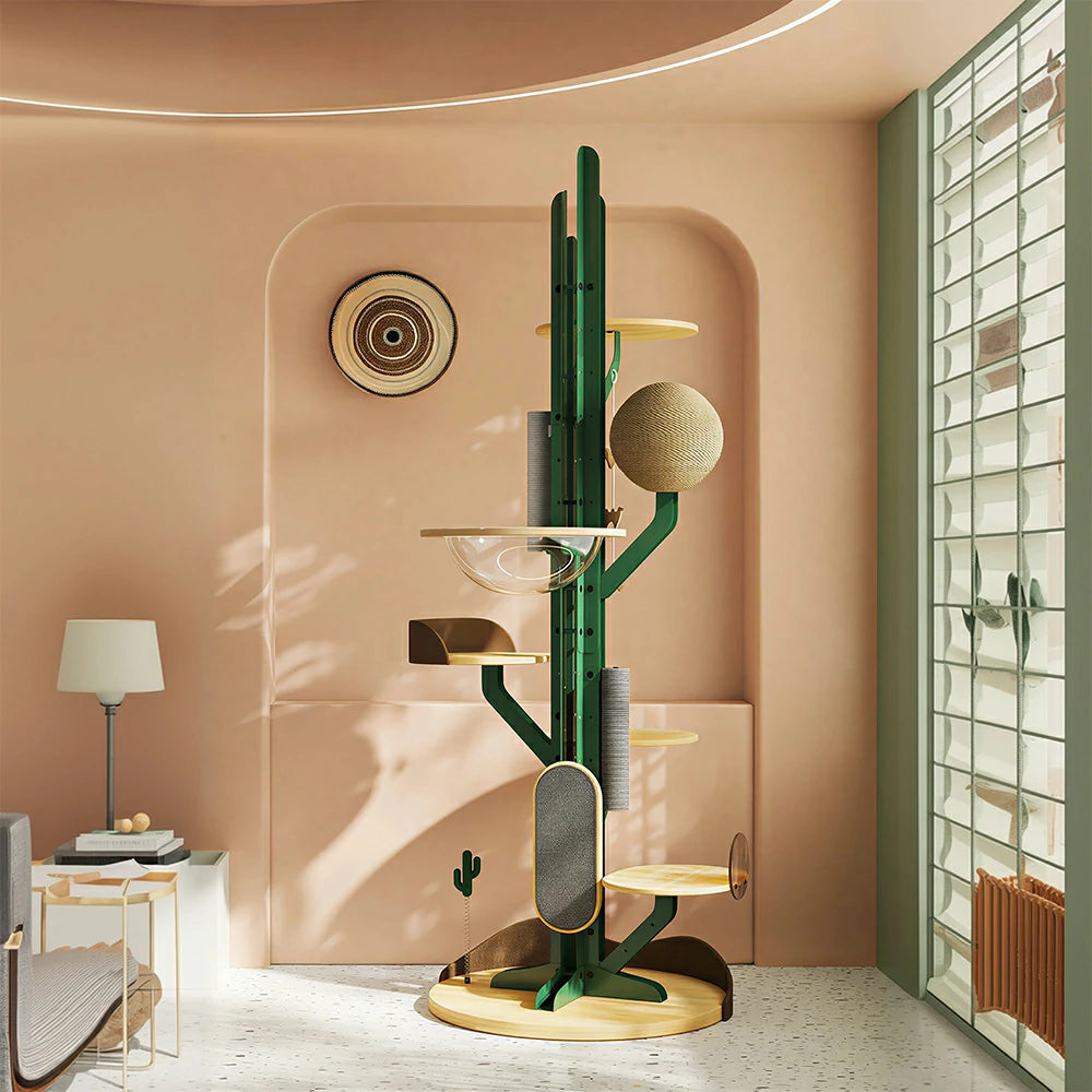 PAWORA Cactus Capsule Cat Tree - 201cm Solid Wood Multi-Level Tower with Scratching Posts for Indoor Cats - Green