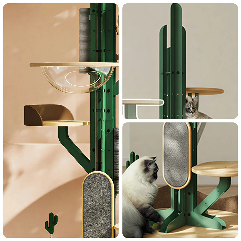 PAWORA Cactus Capsule Cat Tree - 201cm Solid Wood Multi-Level Tower with Scratching Posts for Indoor Cats - Green