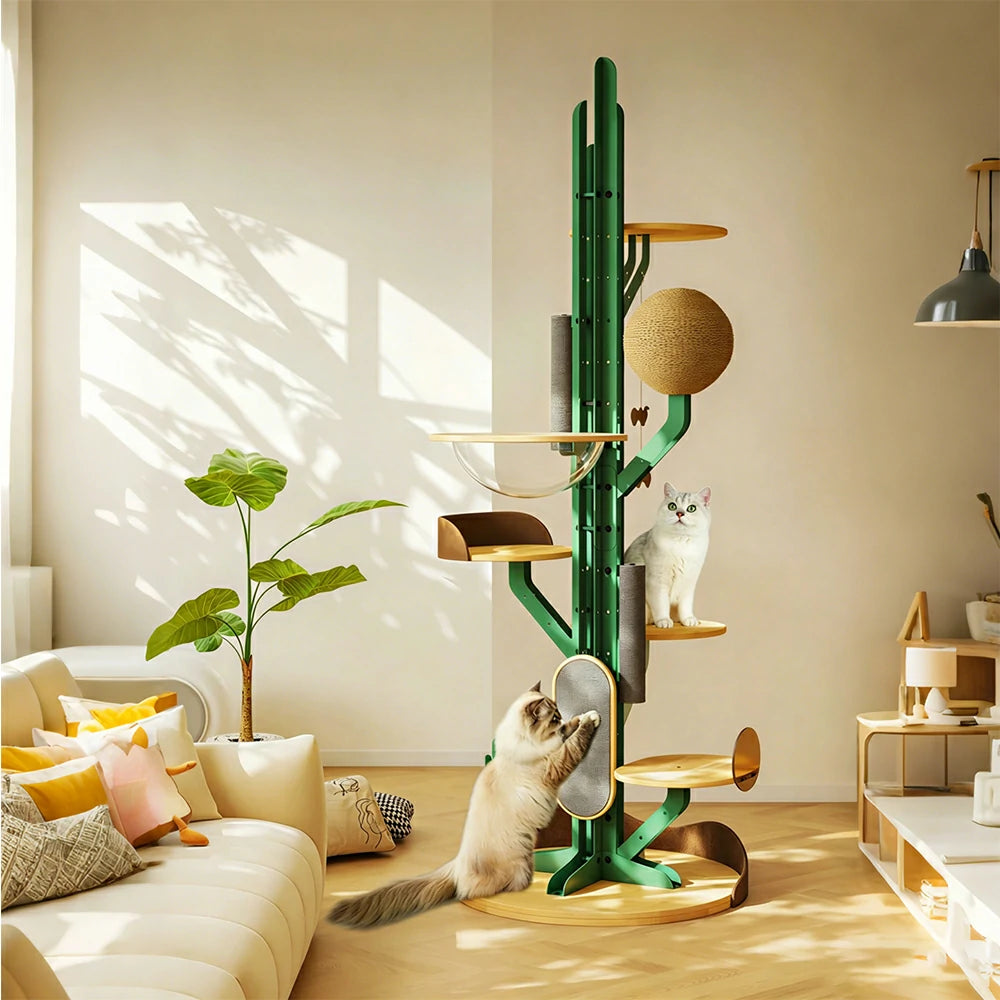 PAWORA Cactus Capsule Cat Tree - 201cm Solid Wood Multi-Level Tower with Scratching Posts for Indoor Cats - Green