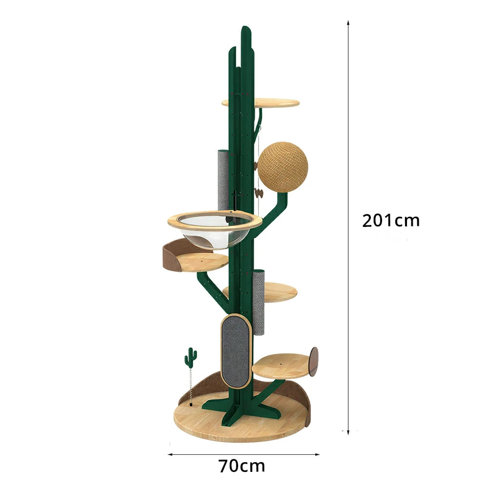 PAWORA Cactus Capsule Cat Tree - 201cm Solid Wood Multi-Level Tower with Scratching Posts for Indoor Cats - Green