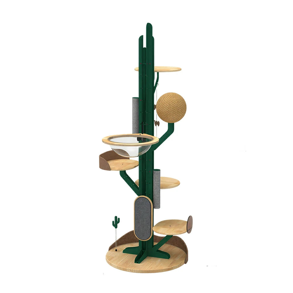 PAWORA Cactus Capsule Cat Tree - 201cm Solid Wood Multi-Level Tower with Scratching Posts for Indoor Cats - Green