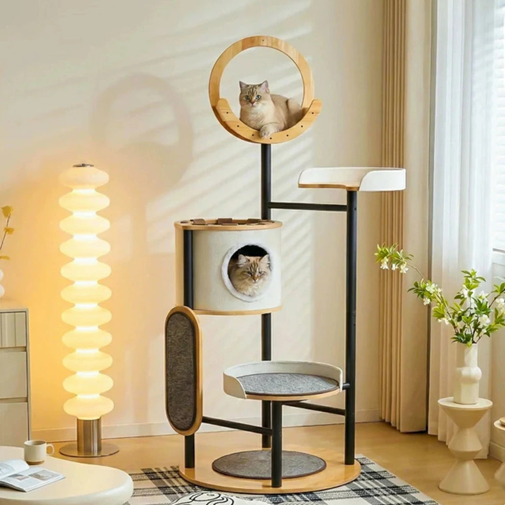 PAWORA Indoor Cat Tree - 167cm Solid Wood Multi-Level Tower with Cat Condo & Scratching Board - Natural Wood