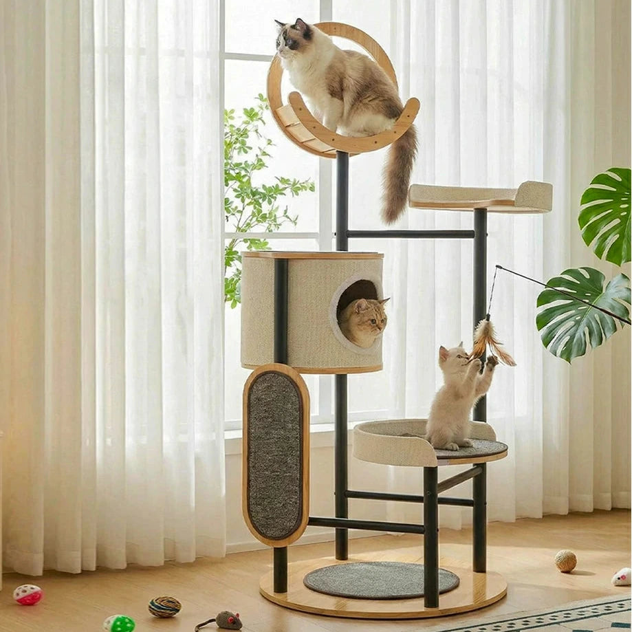 PAWORA Indoor Cat Tree - 167cm Solid Wood Multi-Level Tower with Cat Condo & Scratching Board - Natural Wood