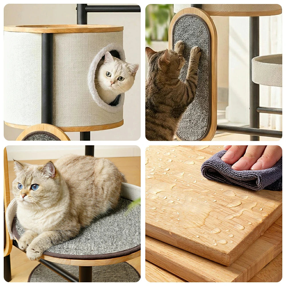 PAWORA Indoor Cat Tree - 167cm Solid Wood Multi-Level Tower with Cat Condo & Scratching Board - Natural Wood