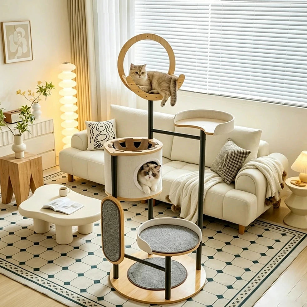 PAWORA Indoor Cat Tree - 167cm Solid Wood Multi-Level Tower with Cat Condo & Scratching Board - Natural Wood