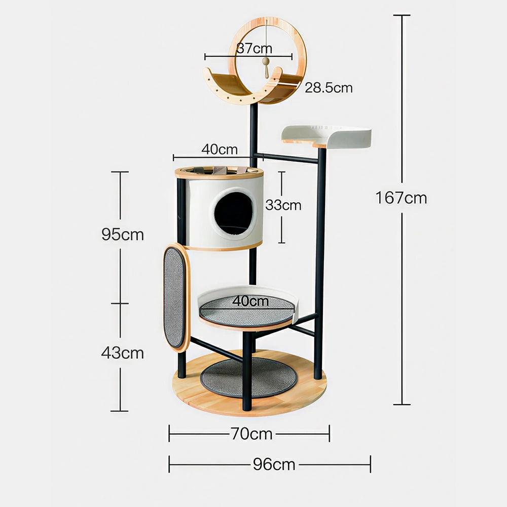 PAWORA Indoor Cat Tree - 167cm Solid Wood Multi-Level Tower with Cat Condo & Scratching Board - Natural Wood
