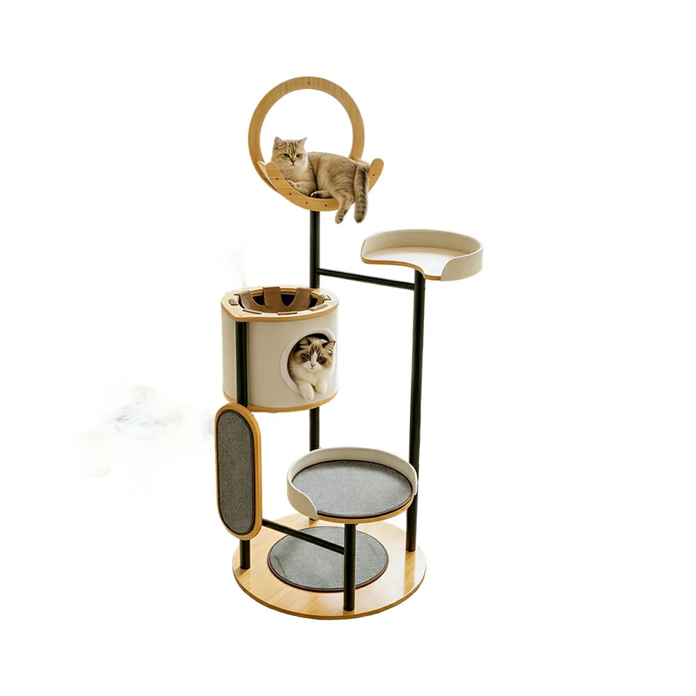 PAWORA Indoor Cat Tree - 167cm Solid Wood Multi-Level Tower with Cat Condo & Scratching Board - Natural Wood