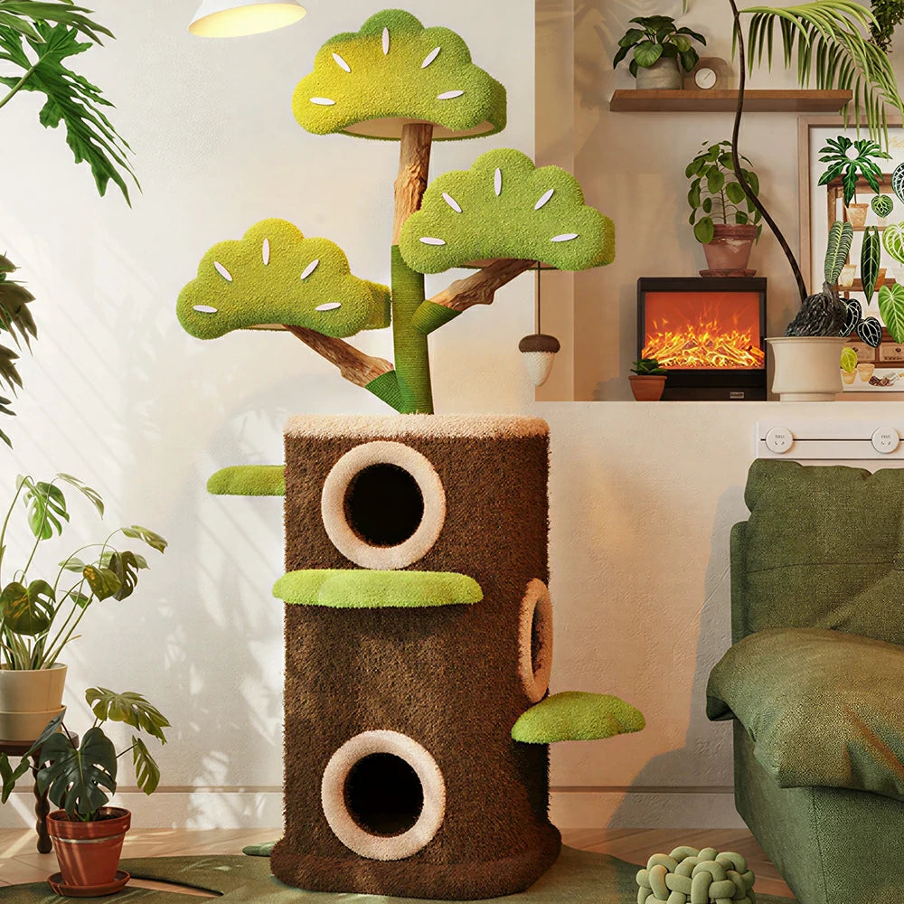PAWORA Pine Treehouse Cat Tree - 159cm Natural Eco-Friendly Odour-Free Cat Condo Tower - Green Brown
