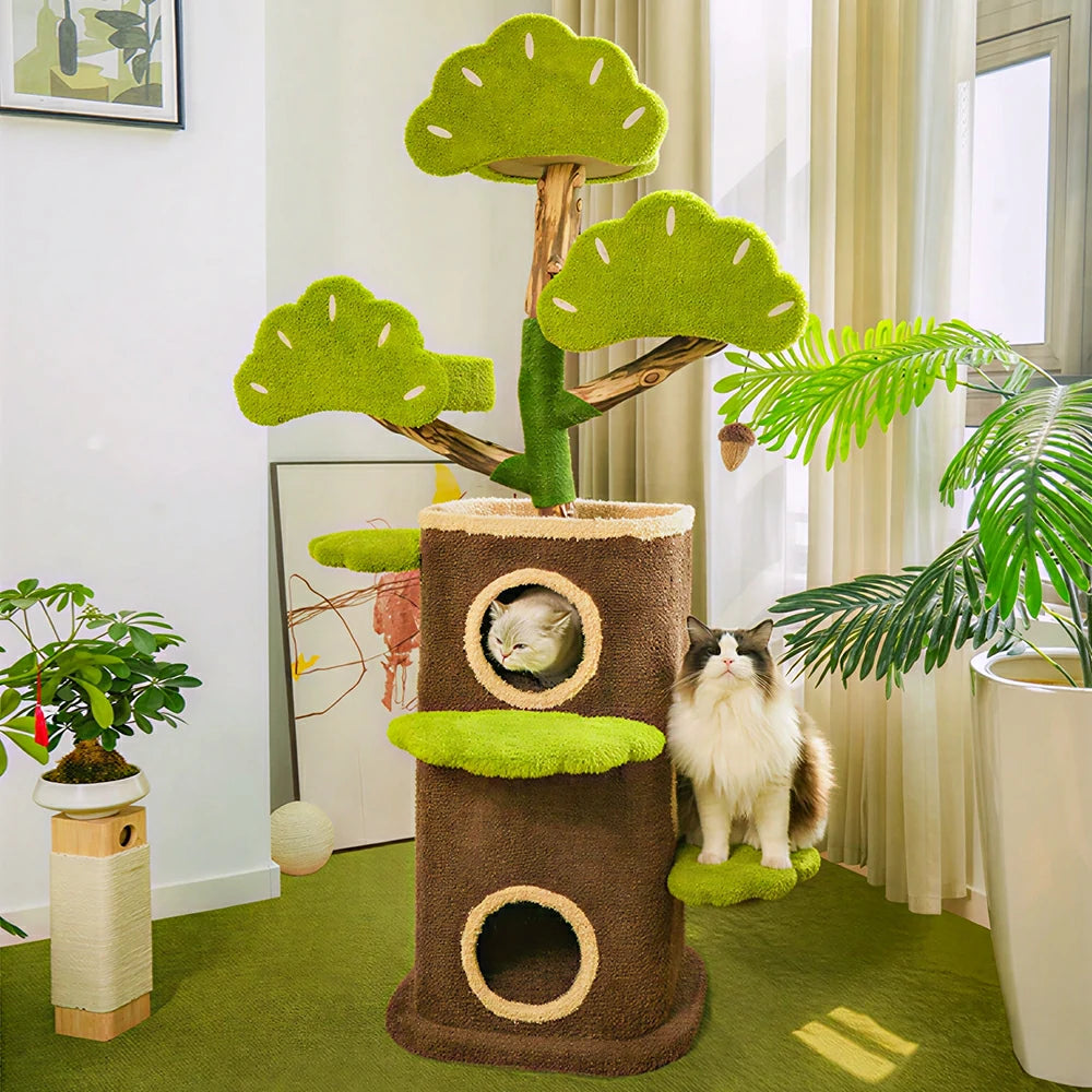PAWORA Pine Treehouse Cat Tree - 159cm Natural Eco-Friendly Odour-Free Cat Condo Tower - Green Brown