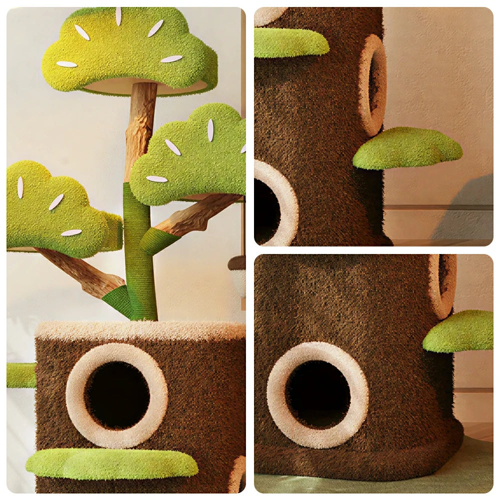 PAWORA Pine Treehouse Cat Tree - 159cm Natural Eco-Friendly Odour-Free Cat Condo Tower - Green Brown