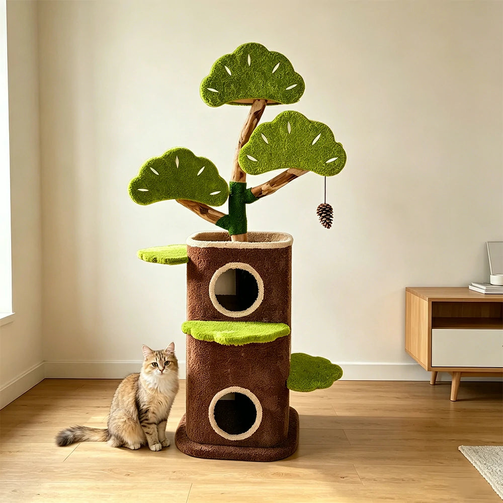 PAWORA Pine Treehouse Cat Tree - 159cm Natural Eco-Friendly Odour-Free Cat Condo Tower - Green Brown